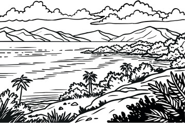 Mountain lake graphic black white landscape sketch illustration vector