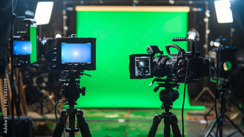 Poster two cameras on tripods are positioned in front of a green screen, ready to film. lights are visible 