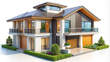 Isolated white background features a modern, sleek, and detailed 3D house model with vibrant colors, clean lines, and intricate design elements.
