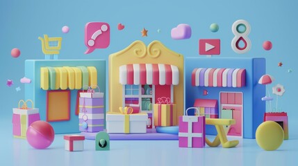 Online shopping concept: 3D illustration depicting an online store, payment, and delivery. Featuring floating elements like sales banners, gift boxes, discounts, and social media icons.