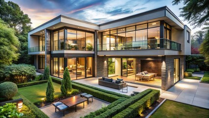 Fototapeta premium Luxurious modern private house with sleek lines, floor-to-ceiling windows, and lush greenery, showcasing serene contemporary architecture and indoor-outdoor harmony.