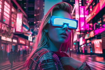Obraz premium Futuristic nightlife. Young woman wearing futuristic glasses with AR display in the virtual city