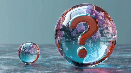 A reflective glass globe showcasing an embedded question mark, highlighted by colorful lights on a textured backdrop, sparking thoughts of curiosity and introspection within a surreal composition.