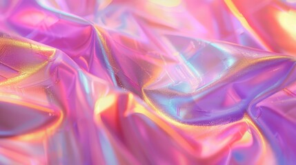 An abstract closeup of holographic fabric featuring purple and pink hues with light reflections, portraying a smooth surface that captures a dreamy and futuristic look.