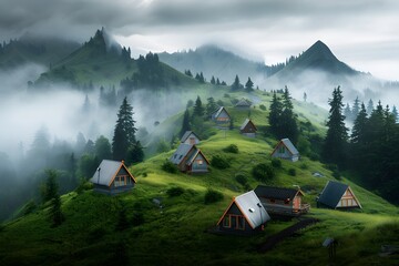 Obraz premium Enchanting mountain village with A-frame cabins nestled in a lush, foggy landscape
