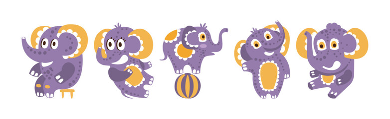 Cute Purple Baby Elephant Character with Pretty Snout Vector Set
