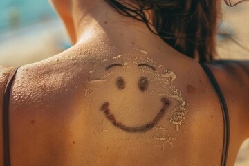 Close up of woman's tan back with drawing of smiling face made from sunscreen cream