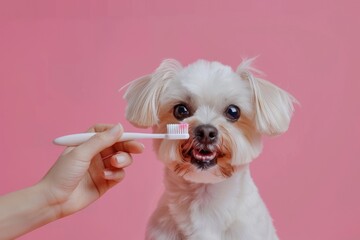 Close-up of a hand brushing a dog teeth with a toothbrush isolated solid color background
