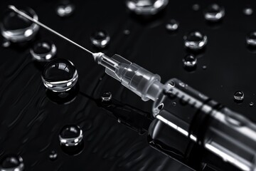 Close-up of a syringe with liquid droplets Isolated on black background