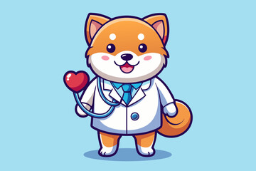  Cute Shiba Inu Dog Doctor With Stethoscope Cartoon Vector Icon Illustration
