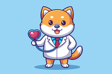  Cute Shiba Inu Dog Doctor With Stethoscope Cartoon Vector Icon Illustration