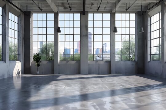 Bright and airy interior empty industrial nave offices with large windows and high ceilings , sunlight streaming in