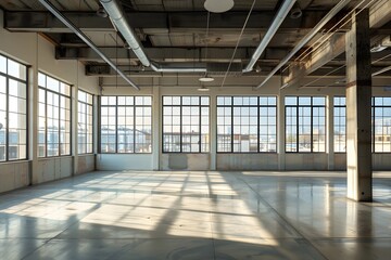 Bright and airy interior empty industrial nave offices with large windows and high ceilings , sunlight streaming in