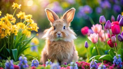Adorable fluffy rabbit amidst vibrant blooming flowers and lush greenery in a serene and colorful spring garden setting.