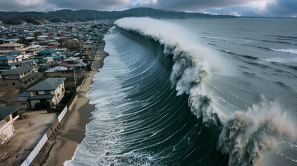 Massive tsunami wave hitting coastal town powerful flood waters extreme natural disaster concept