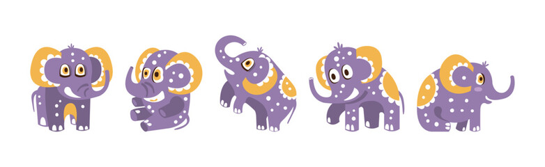 Cute Purple Baby Elephant Character with Pretty Snout Vector Set