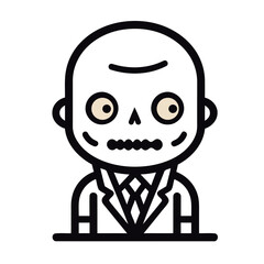 A cartoon illustration of a smiling zombie character with a black suit and tie