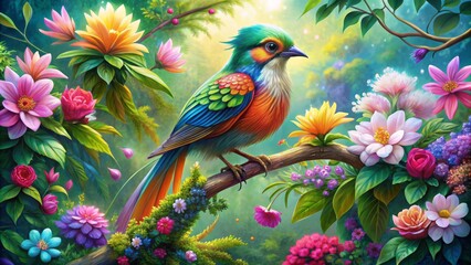 Whimsical hand-drawn illustration of a majestic bird perched on a delicate branch amidst lush green foliage and vibrant flowers.