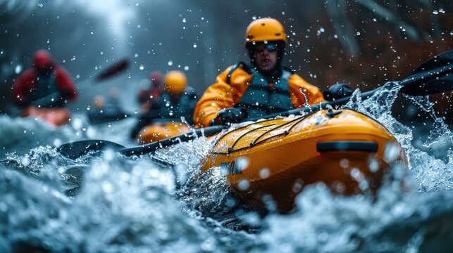 A group of people in vibrant safety gear and helmets kayaking through a fast-flowing, turbulent river, showcasing the thrill and excitement of outdoor water adventures.