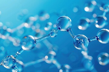 Cosmetic or medicine molecule structure with blue atoms connected by bonds, on blue background