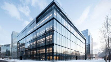 Impressive commercial building, state-of-the-art glass facade and innovative design, bustling urban environment reflecting modern business infrastructure