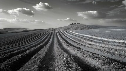 Fototapeta premium Parallel lines of furrows in a plowed field.