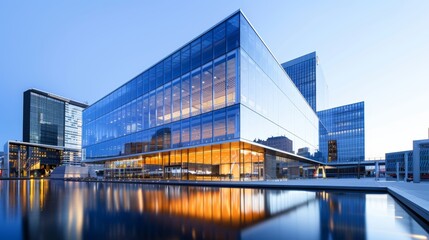 Impressive commercial building, state-of-the-art glass facade and innovative design, bustling urban environment reflecting modern business infrastructure