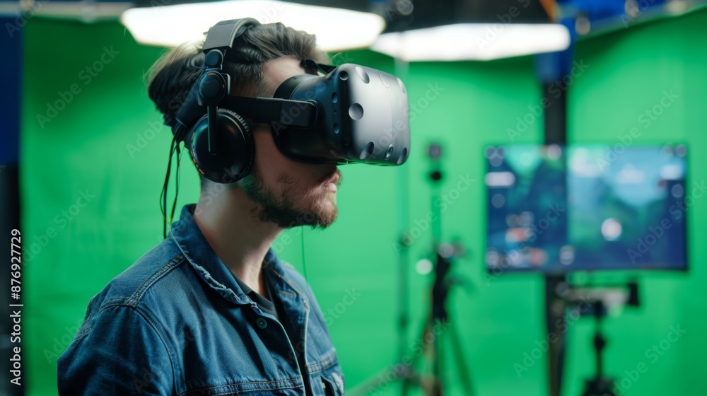 Poster a man wears a vr headset and looks around, immersed in the virtual world. he is in a studio with a g