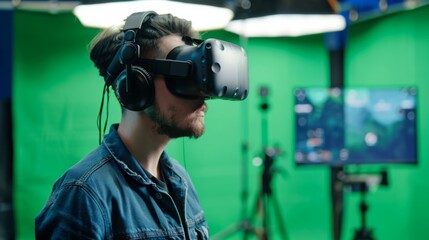 A man wears a VR headset and looks around, immersed in the virtual world. He is in a studio with a green screen behind him and various camera equipment in the background.