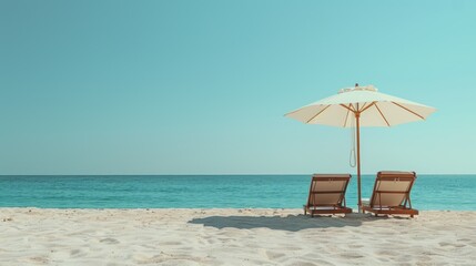 Beach Relaxation with White Umbrella and Lounge Chairs