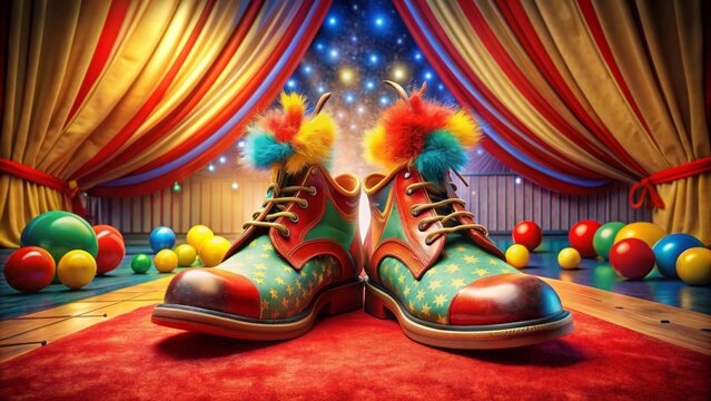 Vibrant colorful oversized shoes and red nose props scattered on a vintage circus platform with a bright red carpet backdrop.