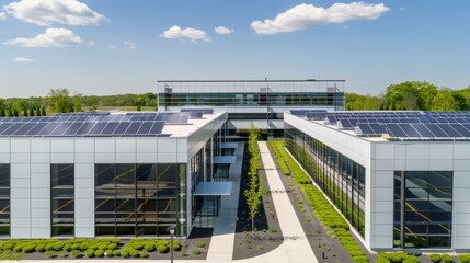 Obraz premium Industrial complex with green roofs and solar panels, highlighting energy efficiency and sustainable energy conservation