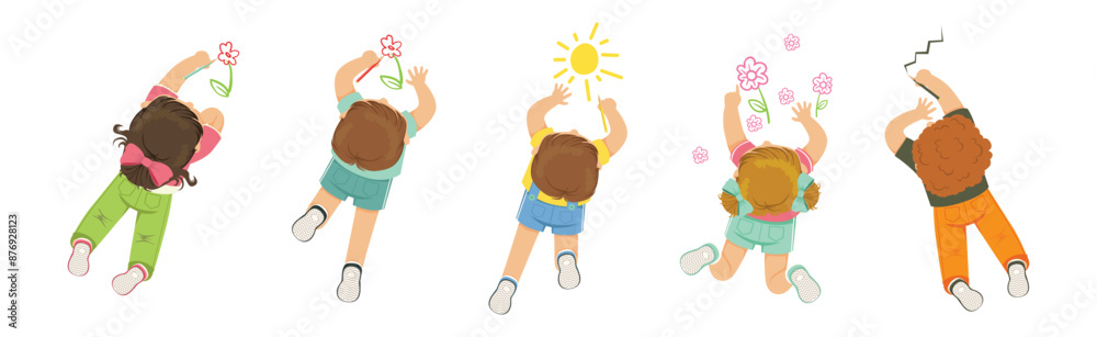 Sticker Funny Kid Lying and Drawing with Pencil Vector Set