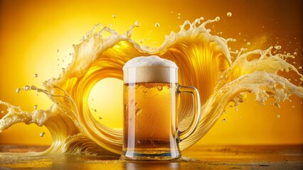 Vibrant yellow backdrop featuring a giant lager beer can with a splash of liquid, surrounded by waves and beach balls.