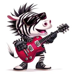 Fototapeta premium Cool Rocking Zebra with Guitar in Leather Jacket and Sunglasses