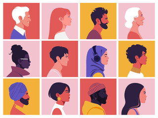 A set of people’s faces in profile. Different races and nations. Diversity. Young and old person avatars. Side view. Society and population. Vector flat Illustration