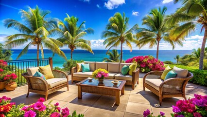 Fototapeta premium Elegant wicker sofa set adorns lavish oceanfront patio surrounded by lush greenery and swaying palm trees under sunny blue skies.