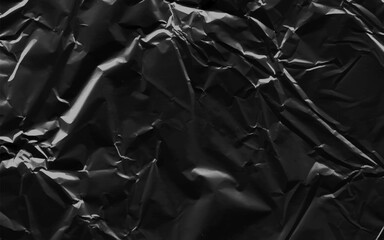 Abstract transparent plastic wrap wrinkled texture on black background. Vector illustration vinyl, texture overlay effect of an old cover with defects and scuffs. Wrinkled, torn and old packaging.