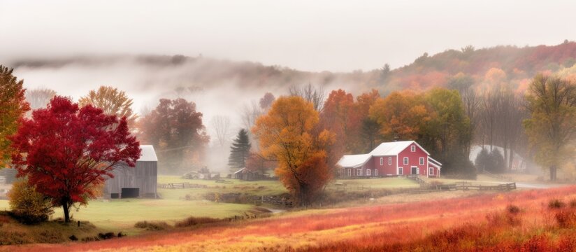 Red Barn in a Misty Autumn Landscape