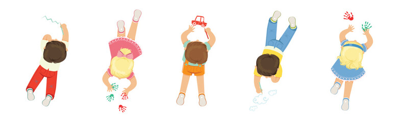 Funny Kid Lying and Drawing with Pencil Vector Set