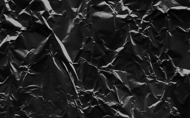 Abstract transparent plastic wrap wrinkled texture on black background. Vector illustration vinyl, texture overlay effect of an old cover with defects and scuffs. Wrinkled, torn and old packaging.