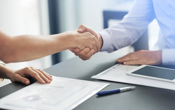 Business people, handshake and meeting in agreement with contract, greeting and partnership. Collaboration, thank you and document, support for B2B and introduction and deal for recruitment at work