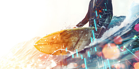 business man play surf elliott wave technical graph for stock market indicator