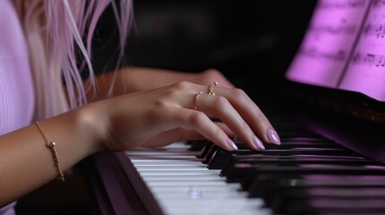 Obraz premium A close-up of hands with pink nails playing piano keys. In the background, sheet music is illuminated with pink light. The setting creates a romantic and creative atmosphere