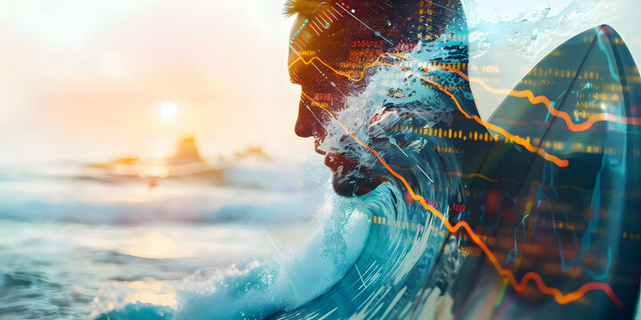 business man play surf elliott wave technical graph for stock market indicator