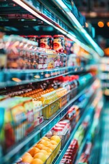 Fototapeta premium Supermarket Aisles with Colorful Products in Soft Focus Background
