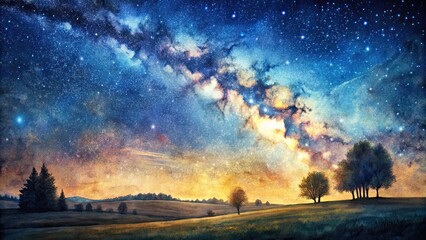 Fototapeta premium Ink painting of starry sky over serene countryside landscape, ink painting, starry sky, countryside, nature, tranquil