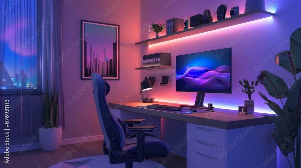 Poster a modern gaming desk with a blue and purple led strip, a large monitor displaying an abstract image,