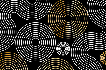 Abstract white lines circles on black background, linear swirls path vector banner template.