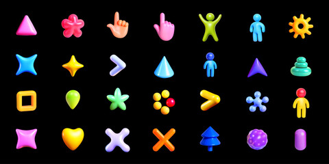 Collection of various 3D plastic cute vector shapes.3D set includes simple shapes, faceless simple people, pointing hands, star, tree fir.